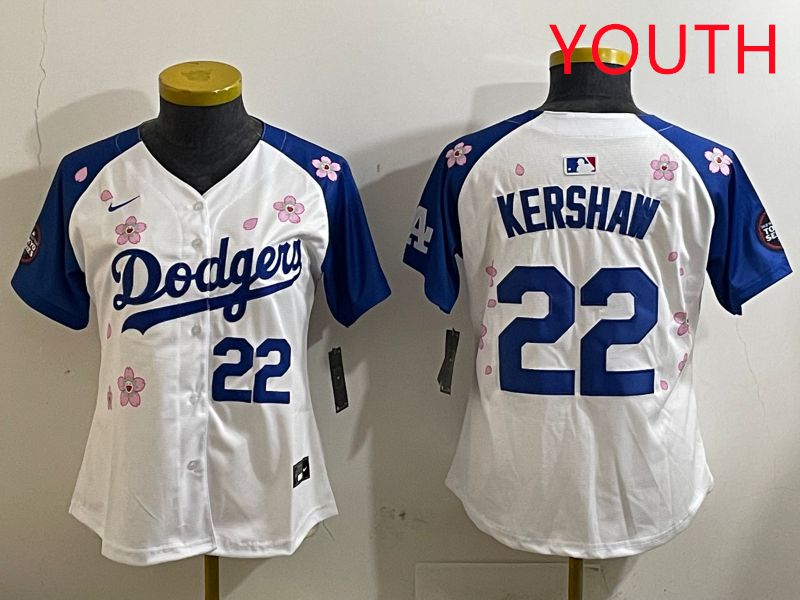 Youth Los Angeles Dodgers #22 Kershaw White Blue Sakura Edition 2025 Nike MLB Jersey style 2->youth mlb jersey->Youth Jersey